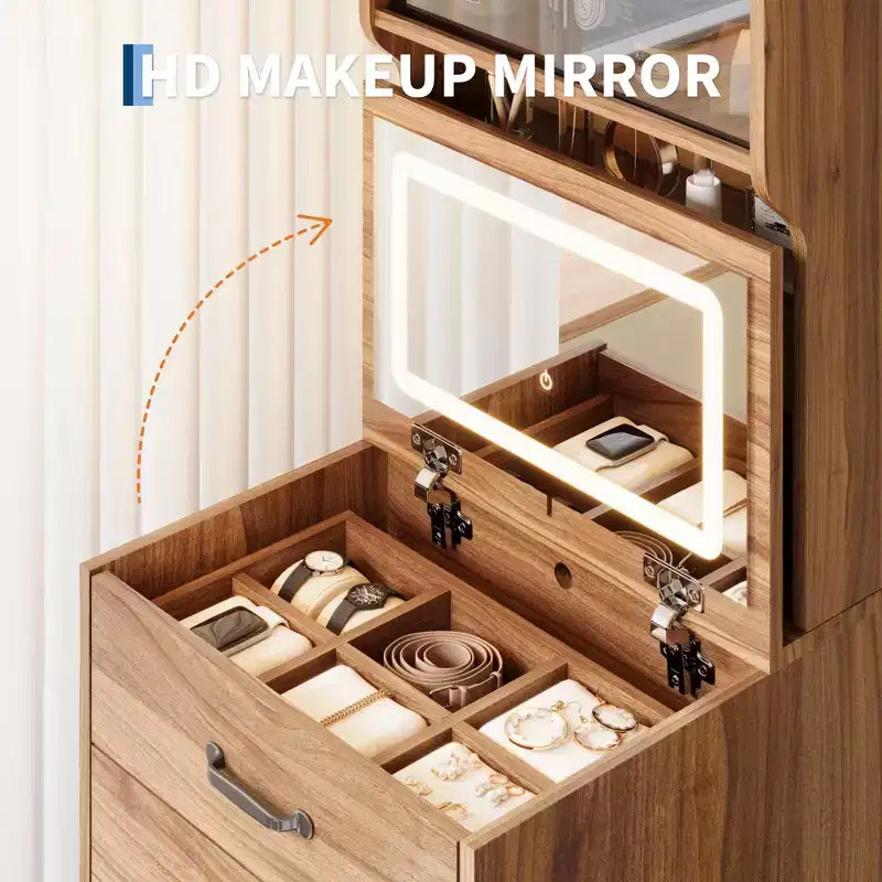 Coiffeuse compacte 3 en 1 en noyer avec miroir LED, tabouret de rangement dissimulé, portes et tiroirs en acrylique, coiffeuse étroite pour petits espaces