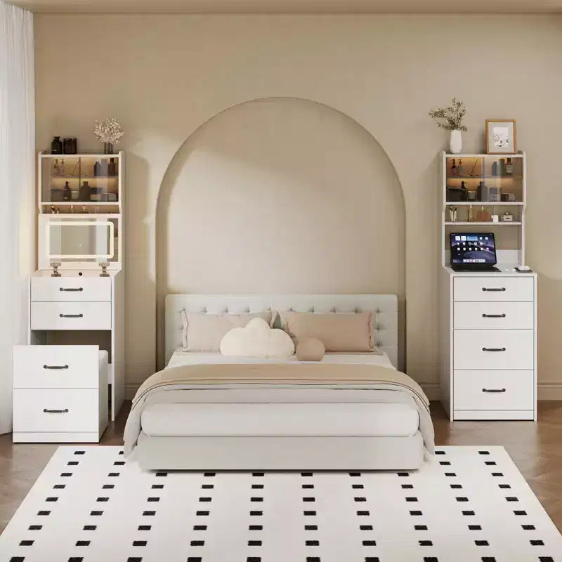 Coiffeuse compacte 3 en 1 en noyer avec miroir LED, tabouret de rangement dissimulé, portes et tiroirs en acrylique, coiffeuse étroite pour petits espaces