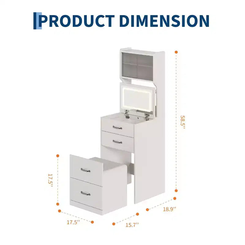 Coiffeuse compacte 3 en 1 en noyer avec miroir LED, tabouret de rangement dissimulé, portes et tiroirs en acrylique, coiffeuse étroite pour petits espaces