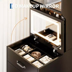Coiffeuse compacte 3 en 1 en noyer avec miroir LED, tabouret de rangement dissimulé, portes et tiroirs en acrylique, coiffeuse étroite pour petits espaces