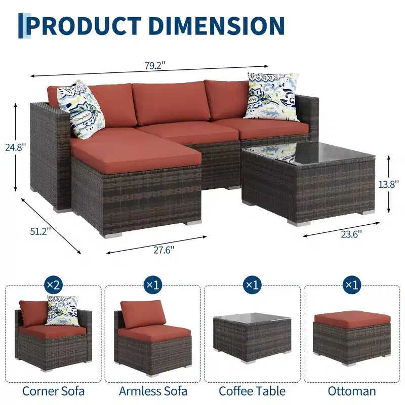 Ensemble de 5 pièces de canapé sectionnel d'extérieur en rotin de polyéthylène résistant aux intempéries - Coussins épais, pouf, table basse en verre, canapé modulable pour jardin