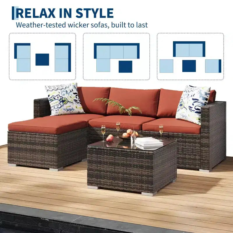 Ensemble de 5 pièces de canapé sectionnel d'extérieur en rotin de polyéthylène résistant aux intempéries - Coussins épais, pouf, table basse en verre, canapé modulable pour jardin