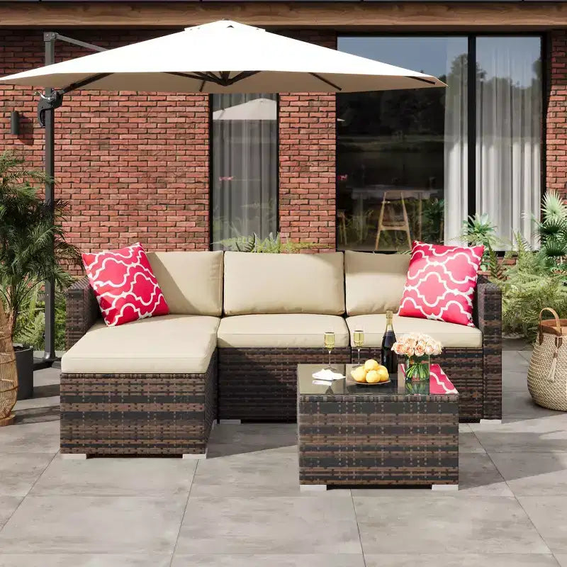 Ensemble de 5 pièces de canapé sectionnel d'extérieur en rotin de polyéthylène résistant aux intempéries - Coussins épais, pouf, table basse en verre, canapé modulable pour jardin