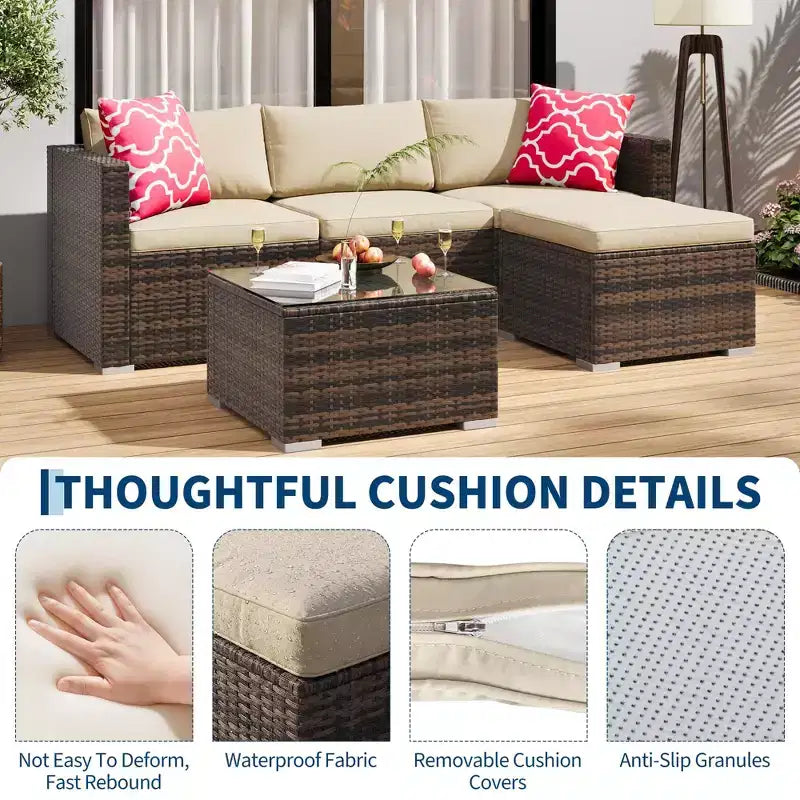 Ensemble de 5 pièces de canapé sectionnel d'extérieur en rotin de polyéthylène résistant aux intempéries - Coussins épais, pouf, table basse en verre, canapé modulable pour jardin