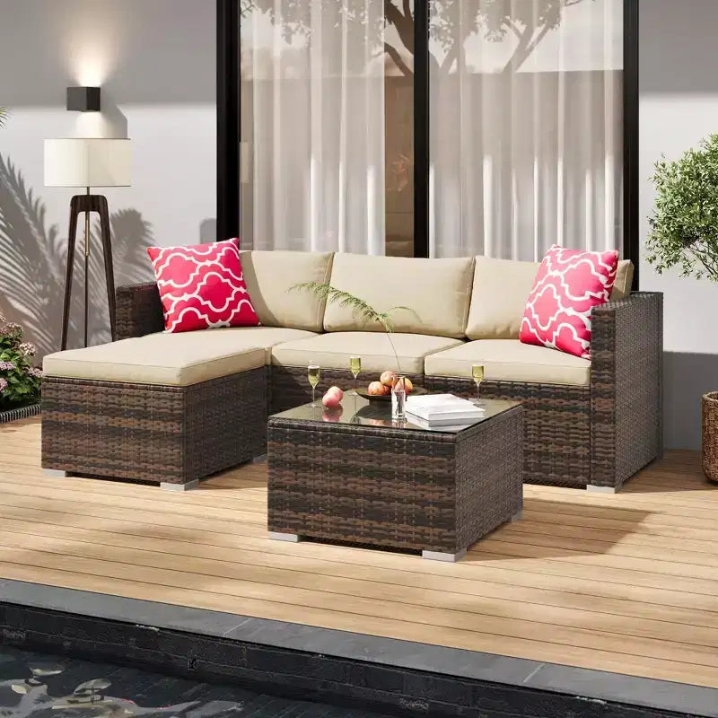 Ensemble de 5 pièces de canapé sectionnel d'extérieur en rotin de polyéthylène résistant aux intempéries - Coussins épais, pouf, table basse en verre, canapé modulable pour jardin