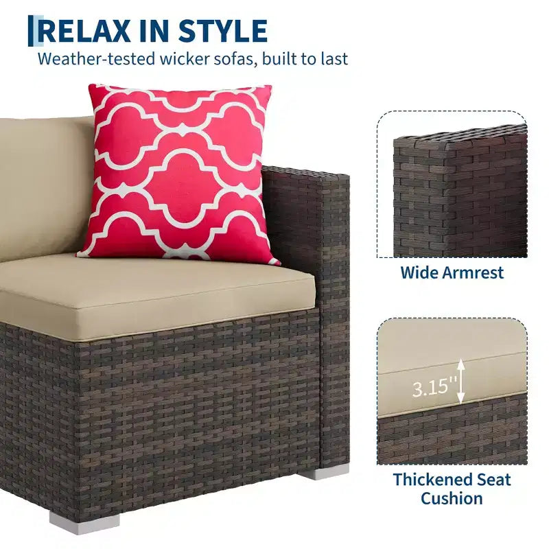 Ensemble de 5 pièces de canapé sectionnel d'extérieur en rotin de polyéthylène résistant aux intempéries - Coussins épais, pouf, table basse en verre, canapé modulable pour jardin