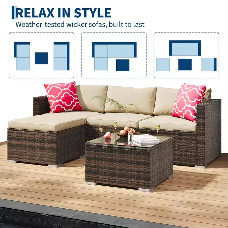 Ensemble de 5 pièces de canapé sectionnel d'extérieur en rotin de polyéthylène résistant aux intempéries - Coussins épais, pouf, table basse en verre, canapé modulable pour jardin