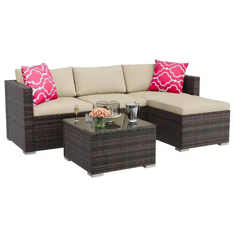 Ensemble de 5 pièces de canapé sectionnel d'extérieur en rotin de polyéthylène résistant aux intempéries - Coussins épais, pouf, table basse en verre, canapé modulable pour jardin