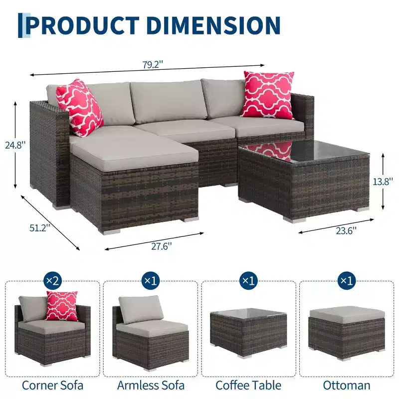 Ensemble de 5 pièces de canapé sectionnel d'extérieur en rotin de polyéthylène résistant aux intempéries - Coussins épais, pouf, table basse en verre, canapé modulable pour jardin