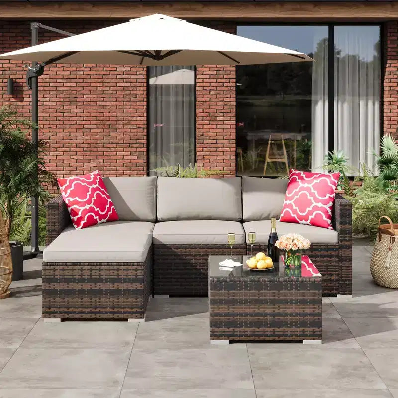 Ensemble de 5 pièces de canapé sectionnel d'extérieur en rotin de polyéthylène résistant aux intempéries - Coussins épais, pouf, table basse en verre, canapé modulable pour jardin