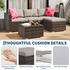Ensemble de 5 pièces de canapé sectionnel d'extérieur en rotin de polyéthylène résistant aux intempéries - Coussins épais, pouf, table basse en verre, canapé modulable pour jardin