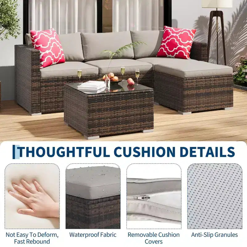 Ensemble de 5 pièces de canapé sectionnel d'extérieur en rotin de polyéthylène résistant aux intempéries - Coussins épais, pouf, table basse en verre, canapé modulable pour jardin