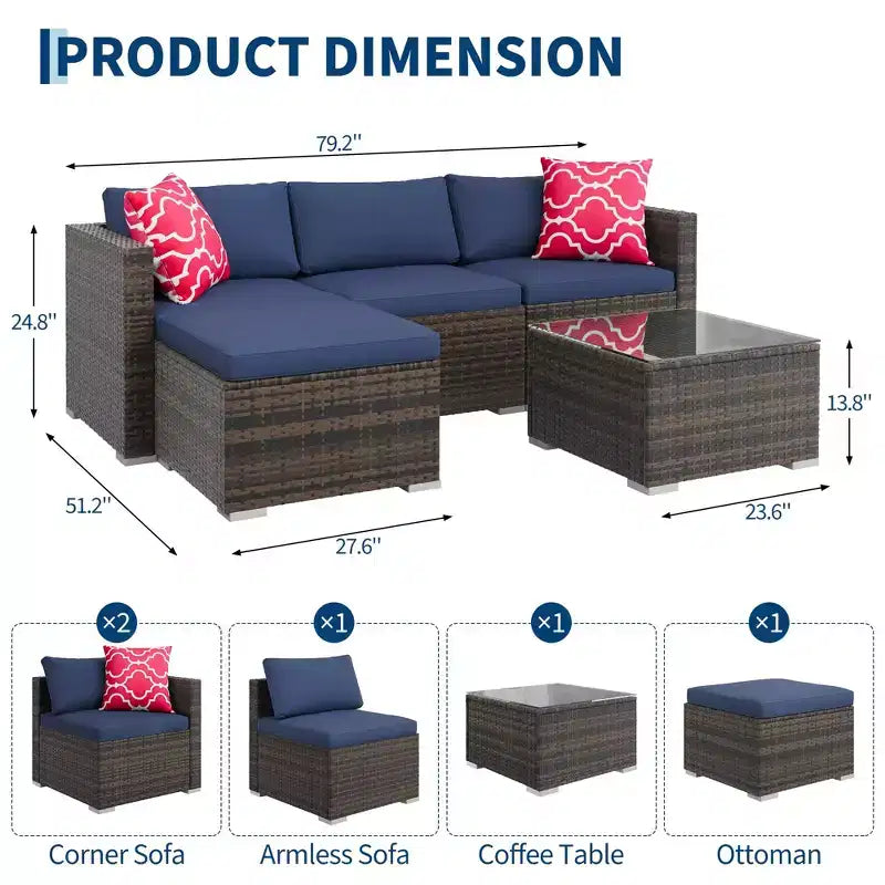 Ensemble de 5 pièces de canapé sectionnel d'extérieur en rotin de polyéthylène résistant aux intempéries - Coussins épais, pouf, table basse en verre, canapé modulable pour jardin