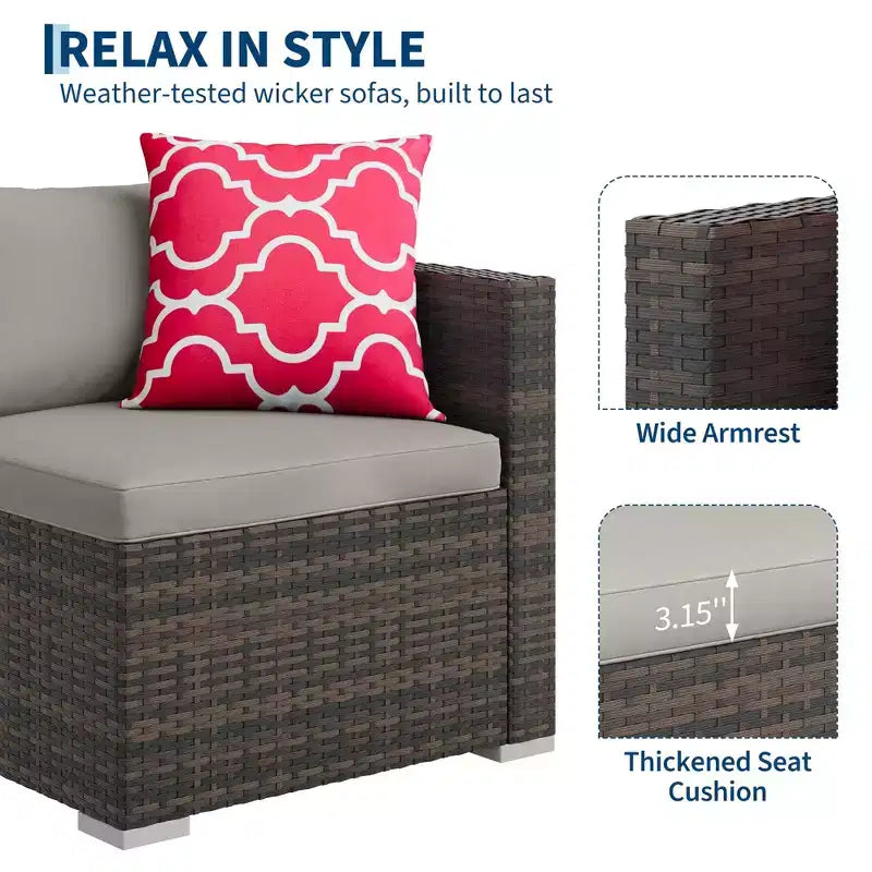 Ensemble de 5 pièces de canapé sectionnel d'extérieur en rotin de polyéthylène résistant aux intempéries - Coussins épais, pouf, table basse en verre, canapé modulable pour jardin