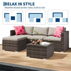 Ensemble de 5 pièces de canapé sectionnel d'extérieur en rotin de polyéthylène résistant aux intempéries - Coussins épais, pouf, table basse en verre, canapé modulable pour jardin