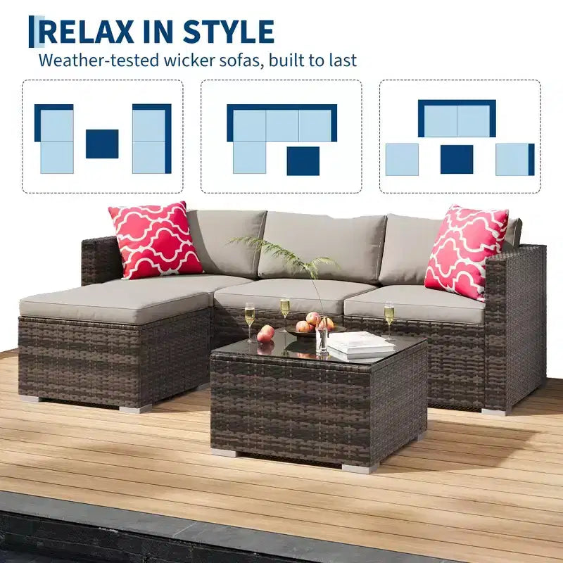 Ensemble de 5 pièces de canapé sectionnel d'extérieur en rotin de polyéthylène résistant aux intempéries - Coussins épais, pouf, table basse en verre, canapé modulable pour jardin