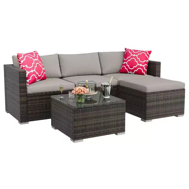 Ensemble de 5 pièces de canapé sectionnel d'extérieur en rotin de polyéthylène résistant aux intempéries - Coussins épais, pouf, table basse en verre, canapé modulable pour jardin