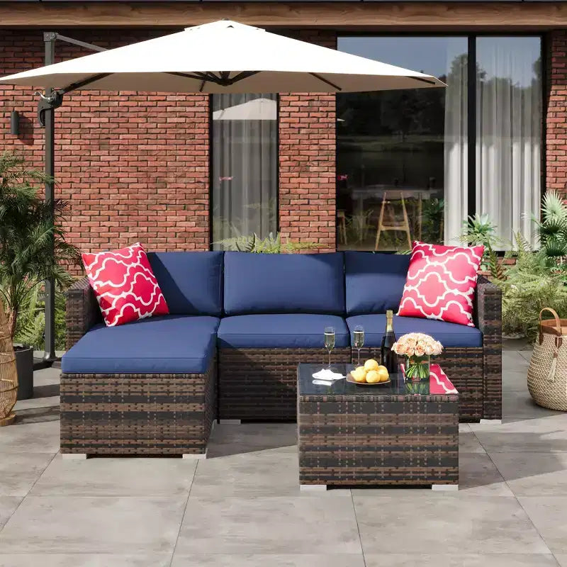Ensemble de 5 pièces de canapé sectionnel d'extérieur en rotin de polyéthylène résistant aux intempéries - Coussins épais, pouf, table basse en verre, canapé modulable pour jardin