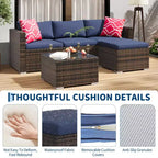 Ensemble de 5 pièces de canapé sectionnel d'extérieur en rotin de polyéthylène résistant aux intempéries - Coussins épais, pouf, table basse en verre, canapé modulable pour jardin