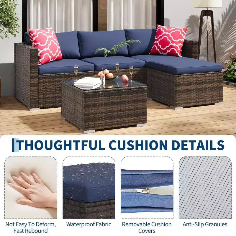 Ensemble de 5 pièces de canapé sectionnel d'extérieur en rotin de polyéthylène résistant aux intempéries - Coussins épais, pouf, table basse en verre, canapé modulable pour jardin
