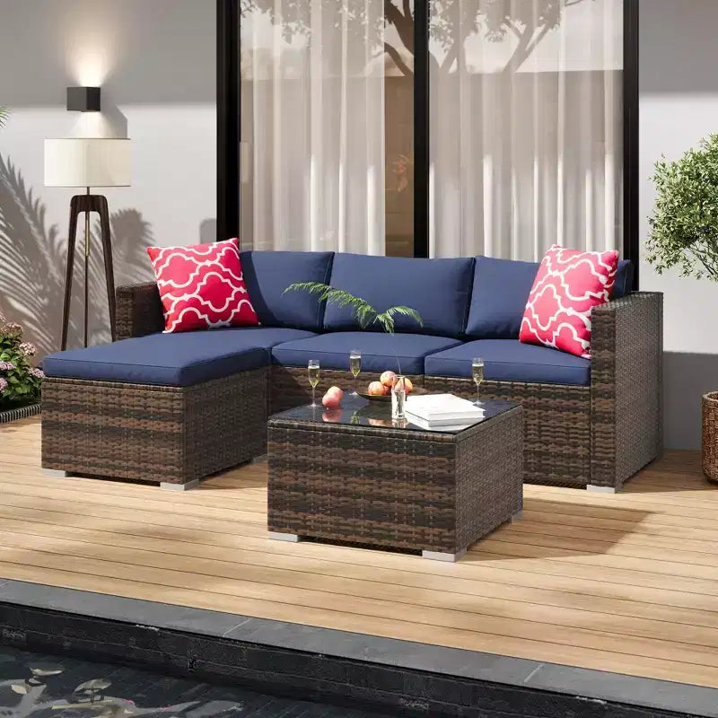 Ensemble de 5 pièces de canapé sectionnel d'extérieur en rotin de polyéthylène résistant aux intempéries - Coussins épais, pouf, table basse en verre, canapé modulable pour jardin