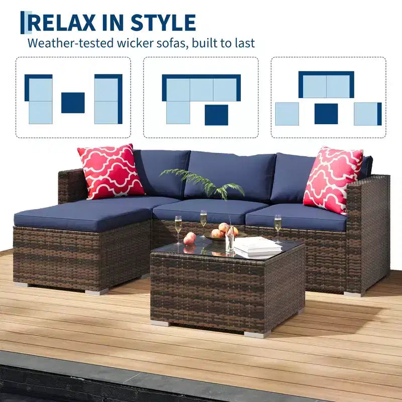 Ensemble de 5 pièces de canapé sectionnel d'extérieur en rotin de polyéthylène résistant aux intempéries - Coussins épais, pouf, table basse en verre, canapé modulable pour jardin