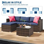 Ensemble de 5 pièces de canapé sectionnel d'extérieur en rotin de polyéthylène résistant aux intempéries - Coussins épais, pouf, table basse en verre, canapé modulable pour jardin