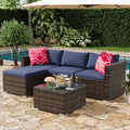 5-Piece All-Weather PE Rattan Wicker Patio Sectional Set - Thick Cushions, Ottoman, Glass Coffee Table, Modular Outdoor Conversation Sofa for Garden