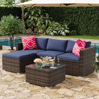 5-Piece All-Weather PE Rattan Wicker Patio Sectional Set - Thick Cushions, Ottoman, Glass Coffee Table, Modular Outdoor Conversation Sofa for Garden