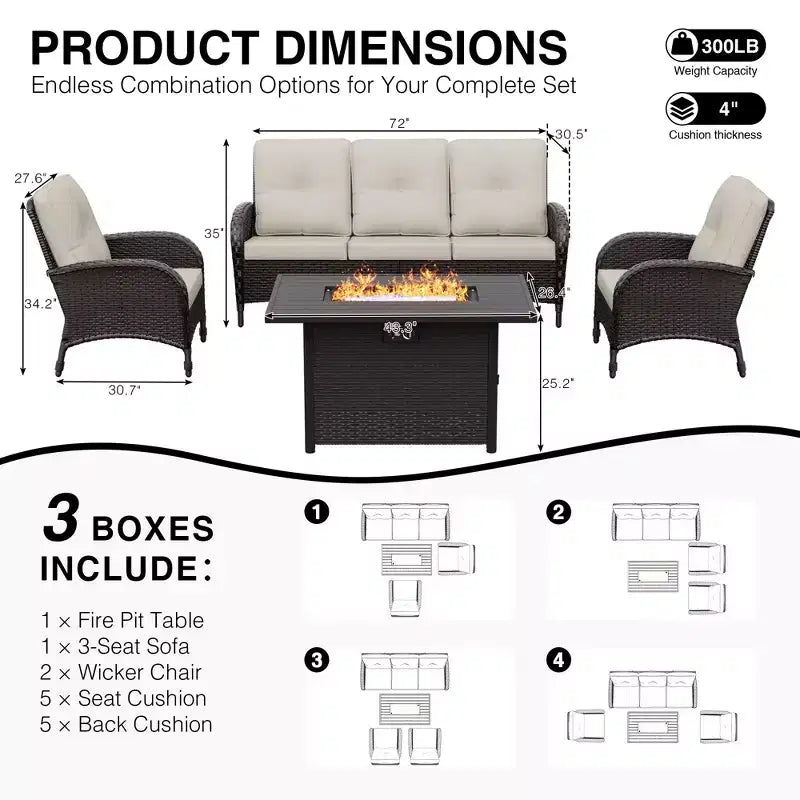 UPTIOT Outdoor Patio Conversation Set with Fire Pit Table & Convertible Seating