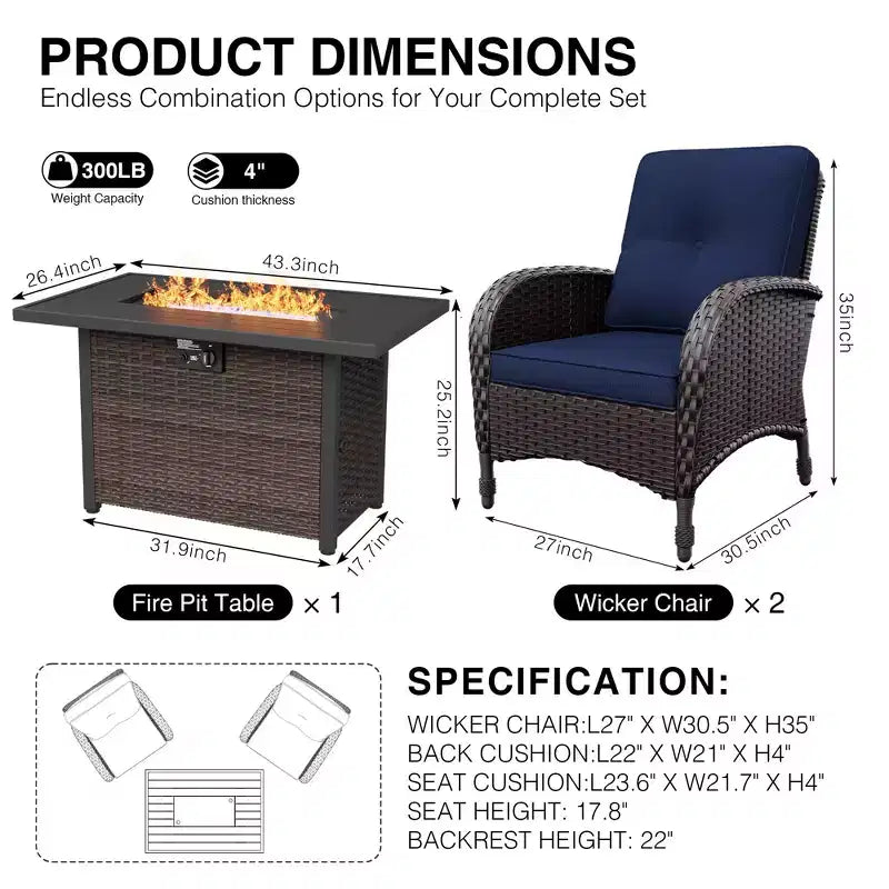 UPTIOT Outdoor Wicker Chairs with Convertible Fire Pit Table for Patio Relaxation