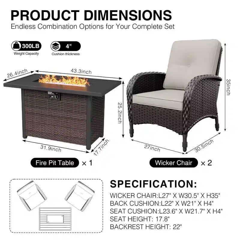 UPTIOT Outdoor Wicker Chairs with Convertible Fire Pit Table for Patio Relaxation