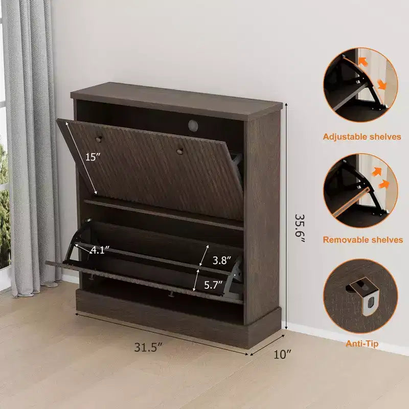 Meuble à chaussures avec 2 tiroirs pivotants - Meuble de rangement d'entrée étroit cannelé - Étagères réglables et amovibles - Organisateur de chaussures moderne autoportant
