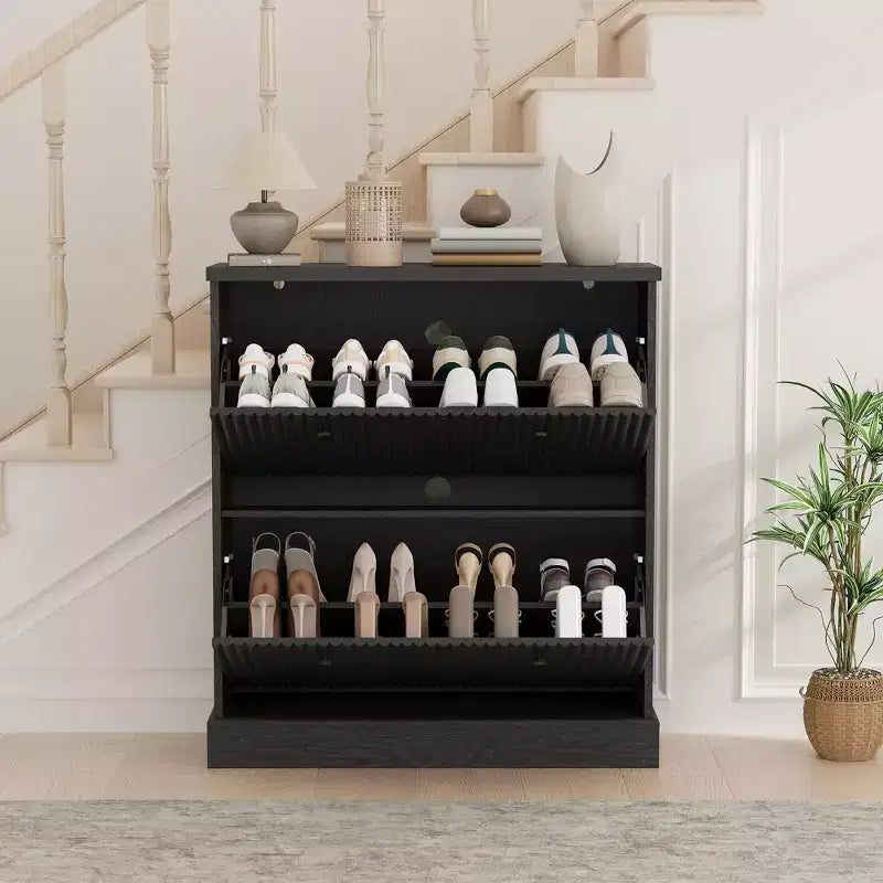 Meuble à chaussures avec 2 tiroirs pivotants - Meuble de rangement d'entrée étroit cannelé - Étagères réglables et amovibles - Organisateur de chaussures moderne autoportant