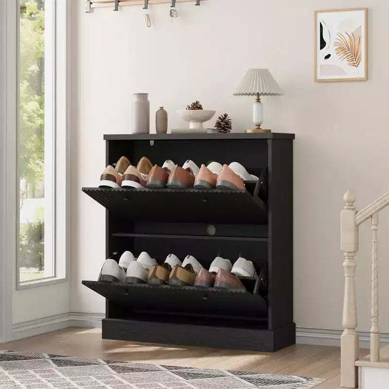 Shoe Cabinet with 2 Turnover Drawers - Fluted Narrow Entryway Storage - Adjustable & Removable Shelves - Modern Freestanding Shoe Organizer