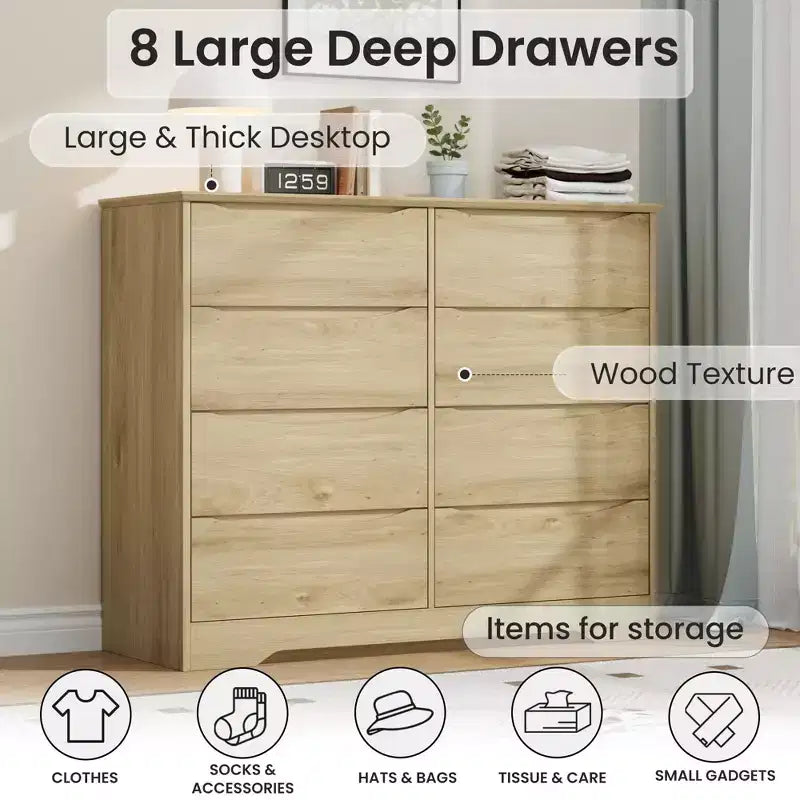 Wooden Dresser with 8 Drawers,Modern Closet with Deep Storage, Large Chest of Drawers, Long Storage Dresser for Bedroom, Living Room, Hallway