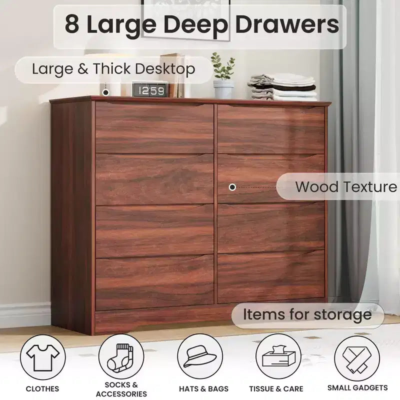 Wooden Dresser with 8 Drawers,Modern Closet with Deep Storage, Large Chest of Drawers, Long Storage Dresser for Bedroom, Living Room, Hallway