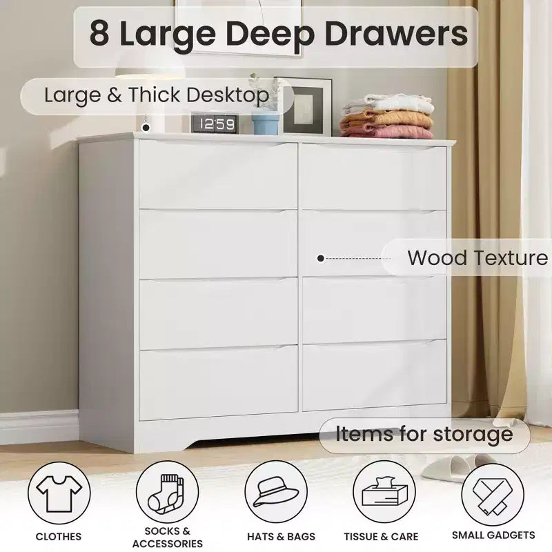 Wooden Dresser with 8 Drawers,Modern Closet with Deep Storage, Large Chest of Drawers, Long Storage Dresser for Bedroom, Living Room, Hallway