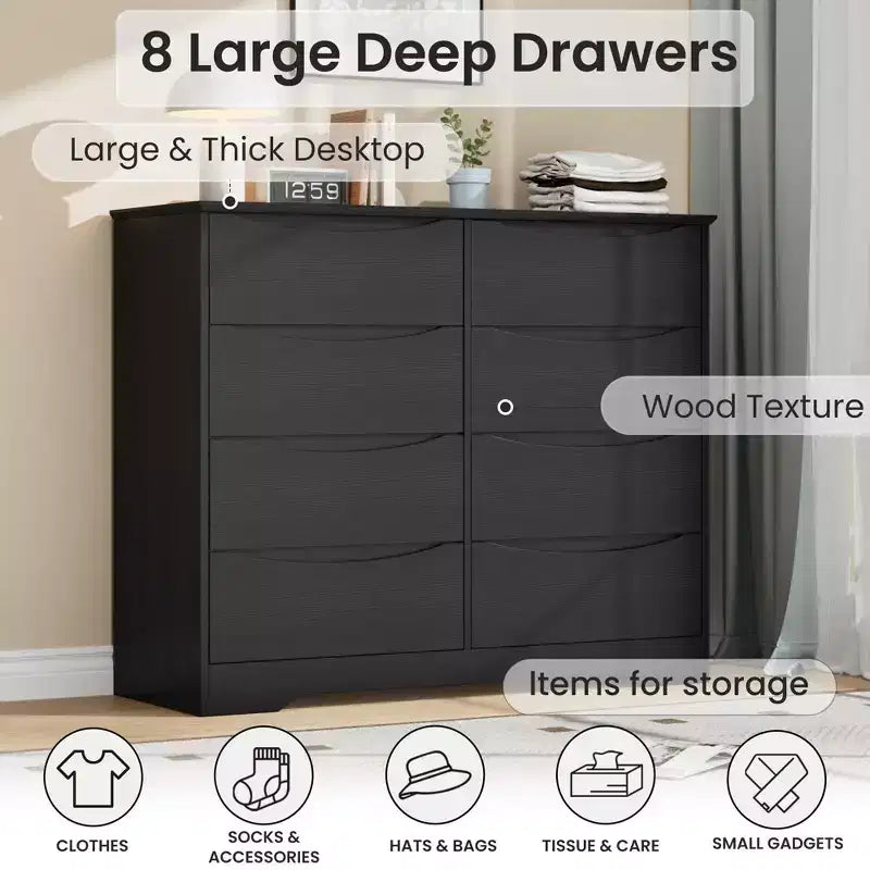 Wooden Dresser with 8 Drawers,Modern Closet with Deep Storage, Large Chest of Drawers, Long Storage Dresser for Bedroom, Living Room, Hallway