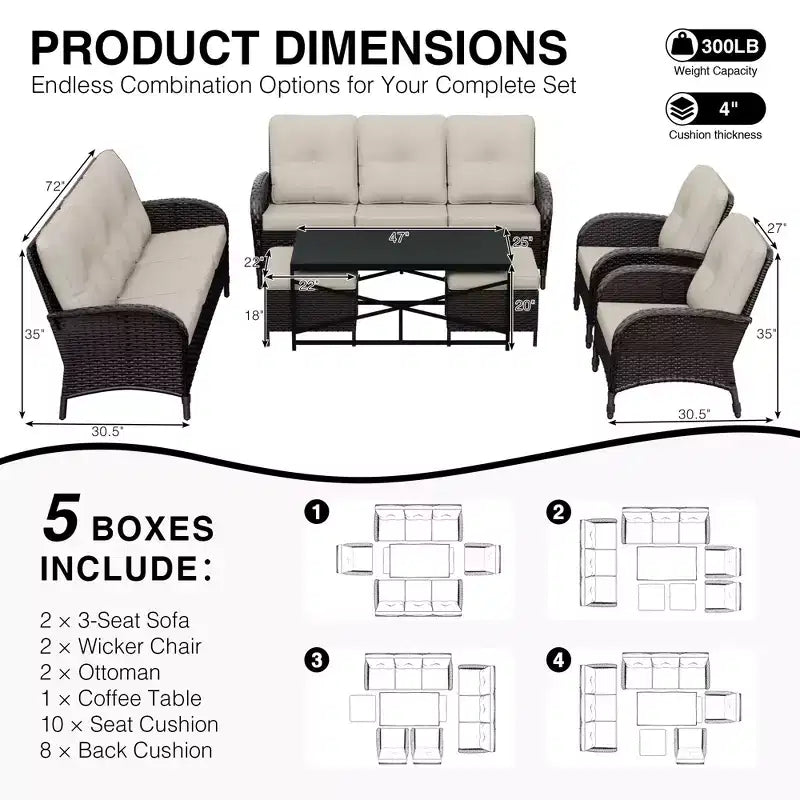 UPTIOT Outdoor Modular Sectional Set with 2 Sofas, Chairs, Ottomans & Weatherproof Coffee Table