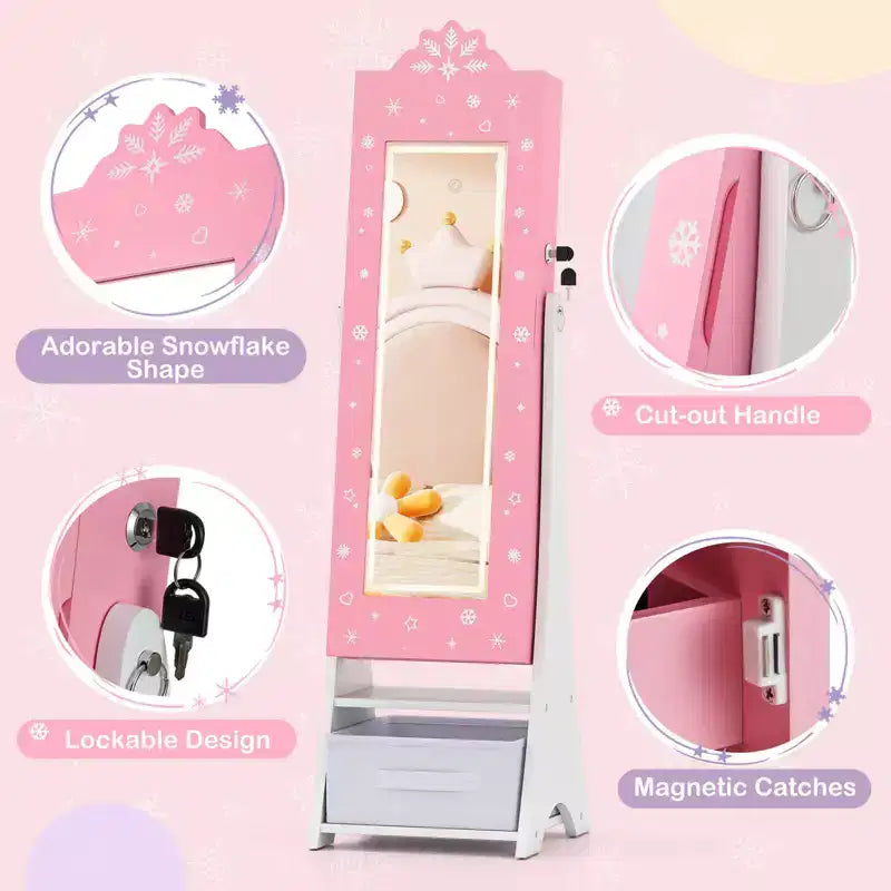 Costway Kids Jewelry Armoire with 3-Color Lighted Full Length Mirror & Inside Led Lights White/Pink