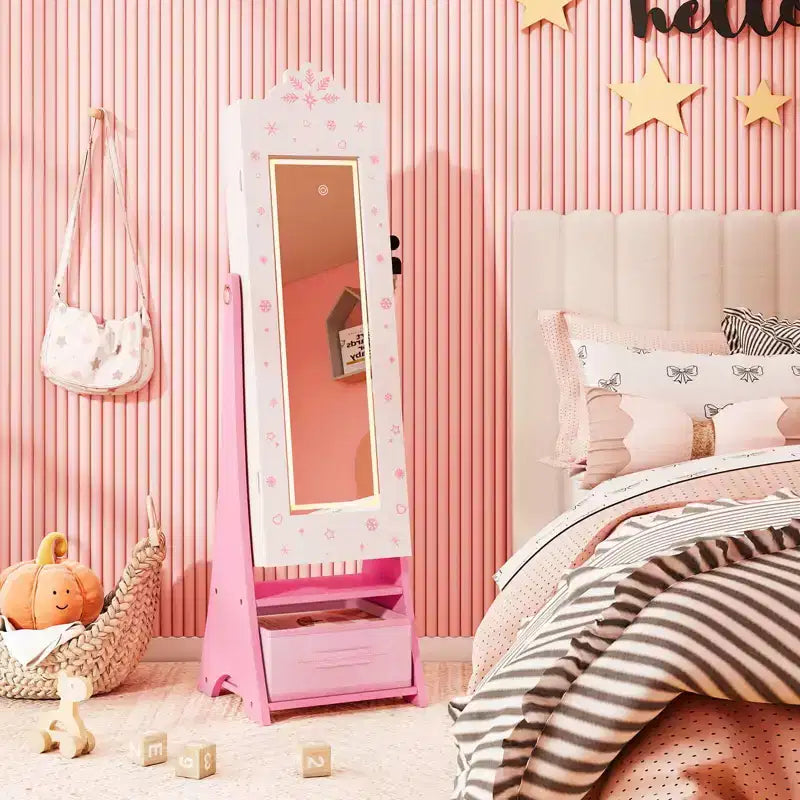 Costway Kids Jewelry Armoire with 3-Color Lighted Full Length Mirror & Inside Led Lights White/Pink