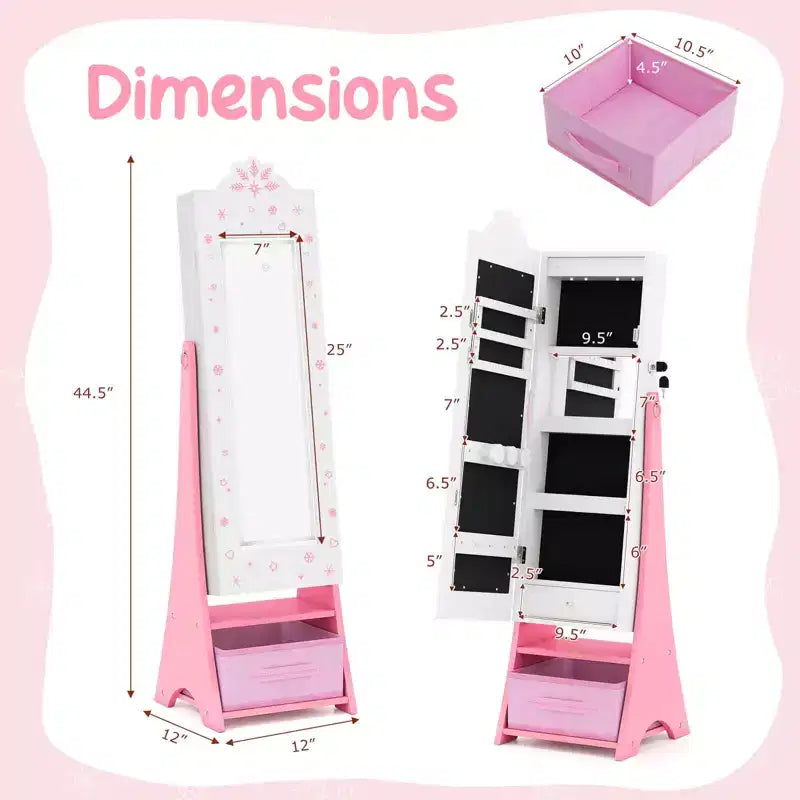 Costway Kids Jewelry Armoire with 3-Color Lighted Full Length Mirror & Inside Led Lights White/Pink