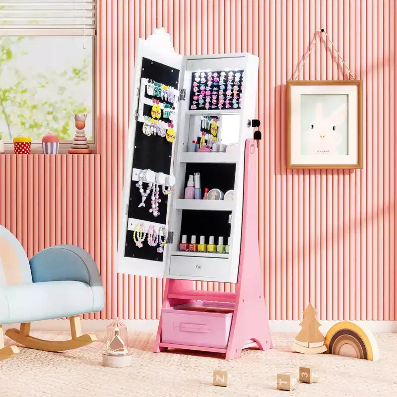 Costway Kids Jewelry Armoire with 3-Color Lighted Full Length Mirror & Inside Led Lights White/Pink