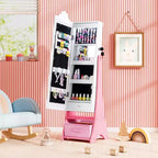 Costway Kids Jewelry Armoire with 3-Color Lighted Full Length Mirror & Inside Led Lights White/Pink
