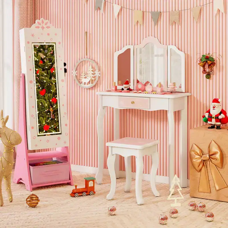 Costway Kids Jewelry Armoire with 3-Color Lighted Full Length Mirror & Inside Led Lights White/Pink