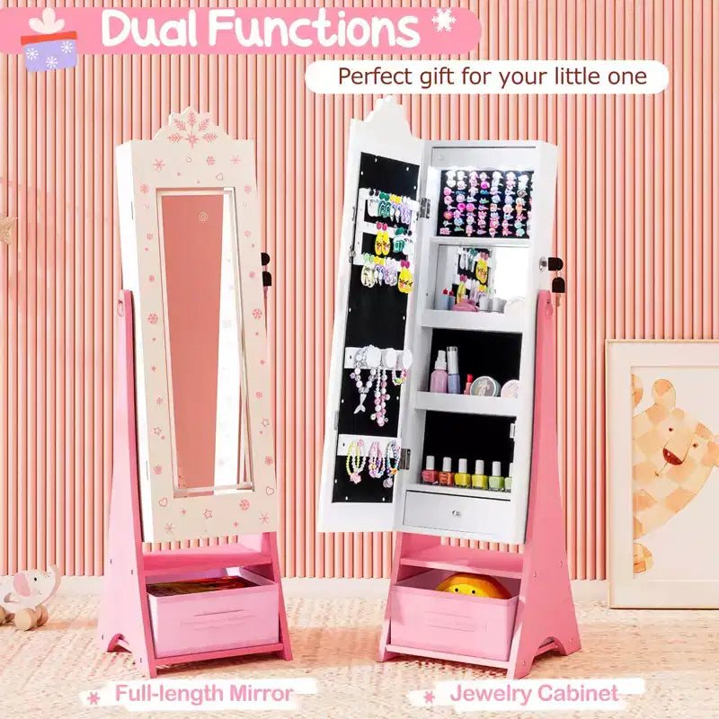 Costway Kids Jewelry Armoire with 3-Color Lighted Full Length Mirror & Inside Led Lights White/Pink