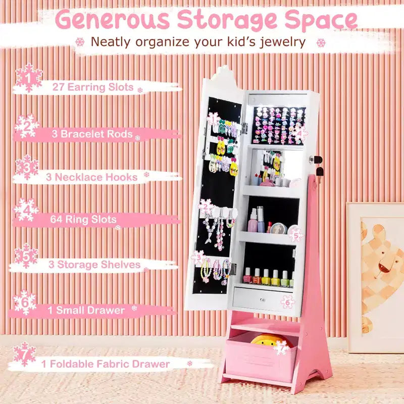 Costway Kids Jewelry Armoire with 3-Color Lighted Full Length Mirror & Inside Led Lights White/Pink