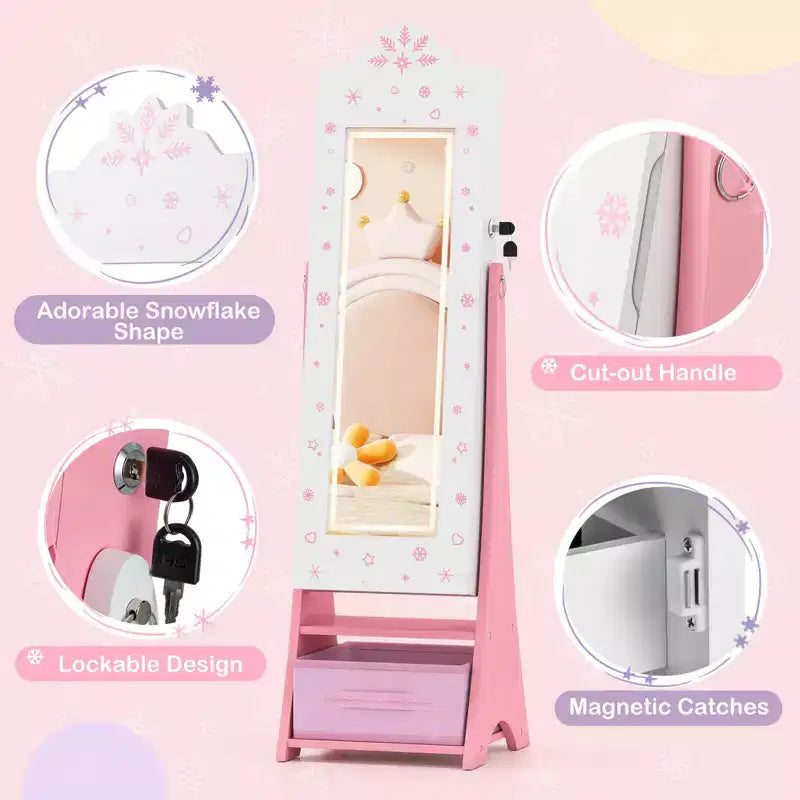 Costway Kids Jewelry Armoire with 3-Color Lighted Full Length Mirror & Inside Led Lights White/Pink