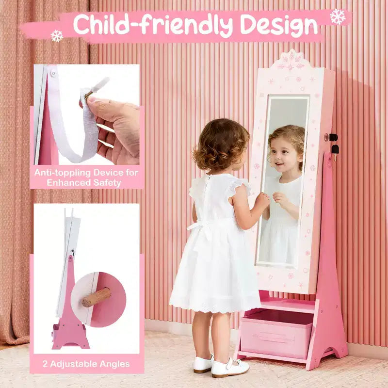 Costway Kids Jewelry Armoire with 3-Color Lighted Full Length Mirror & Inside Led Lights White/Pink